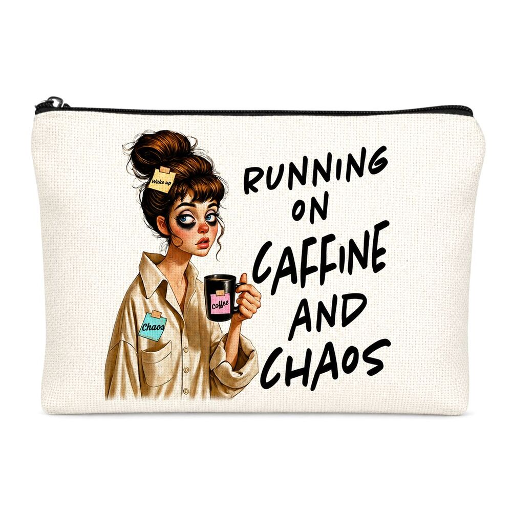 Running On Caffeine And Chaos Makeup Bag Funny Quote Zipper Pouch NEW